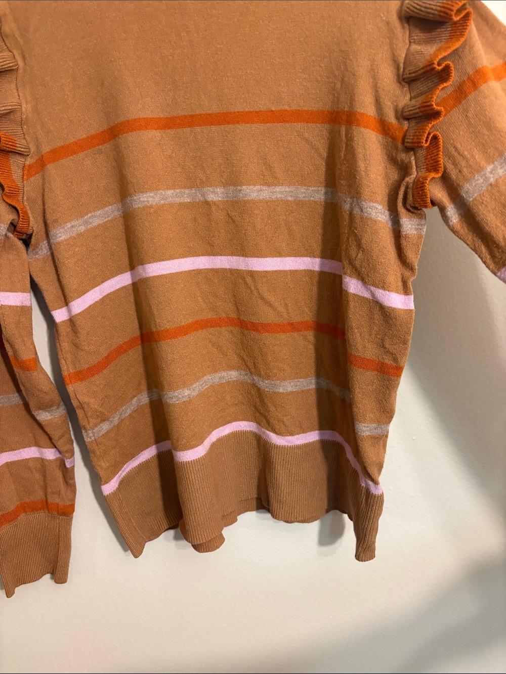 THML Tan Striped Ruffle-Shoulder Sweater - Picture 5 of 9
